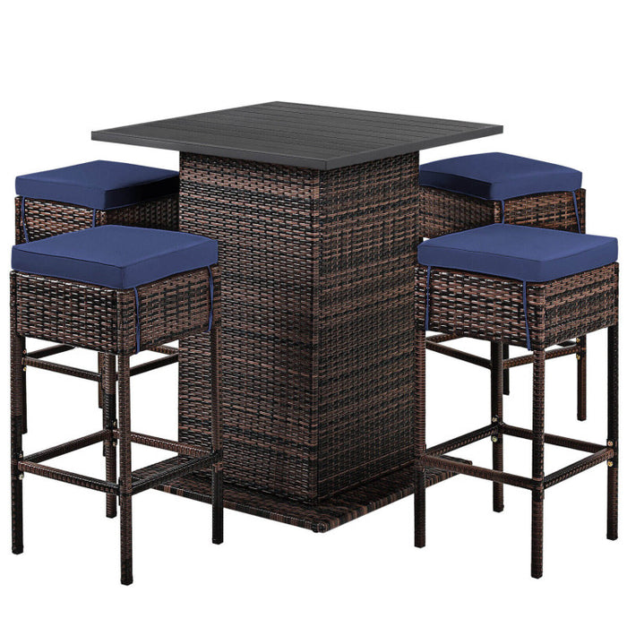 5 Pieces Patio Rattan Cushioned Bar Furniture Set/Navy