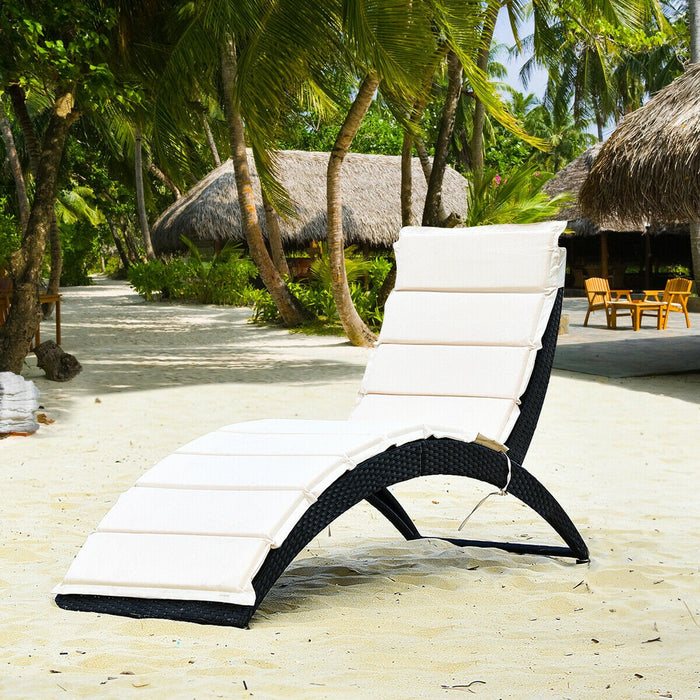 Folding Patio Rattan Portable Lounge Chair Chaise with Cushion/Beige - Cool Stuff & Accessories