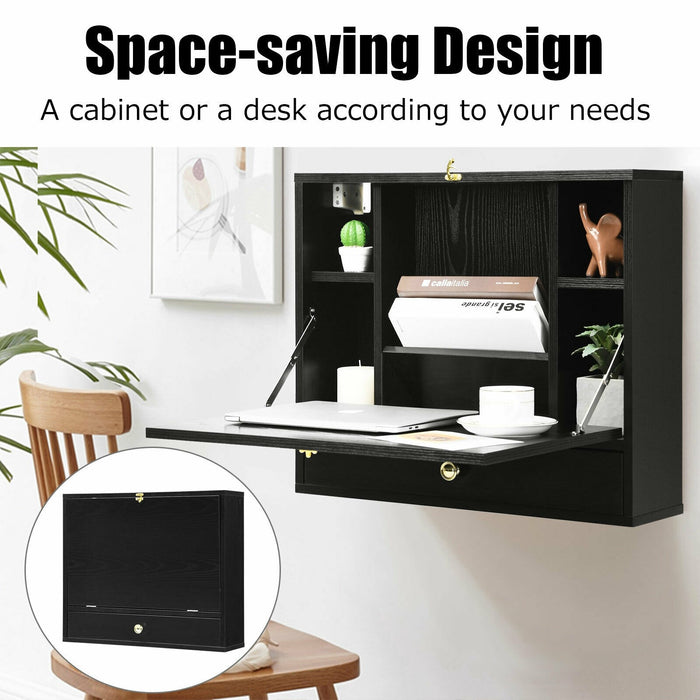 Wall Mounted Folding Laptop Desk Hideaway Storage with Drawer/Black