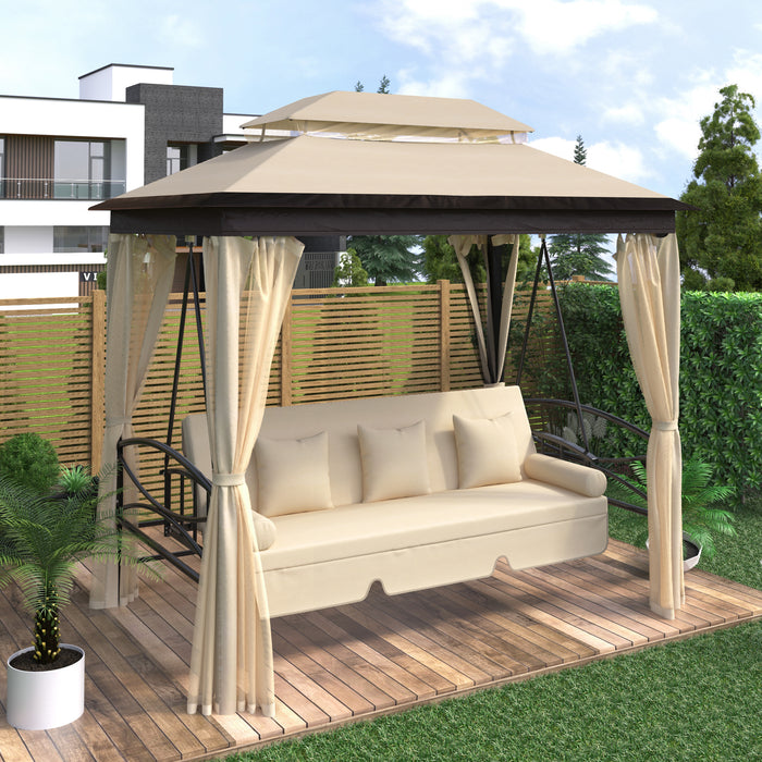 Outdoor Gazebo with Convertible Swing Bench, Beige