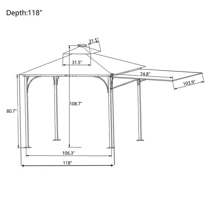 Patio 9. 8ft.L x 9. 8ft.W Gazebo with Extended Side Shed, Brown