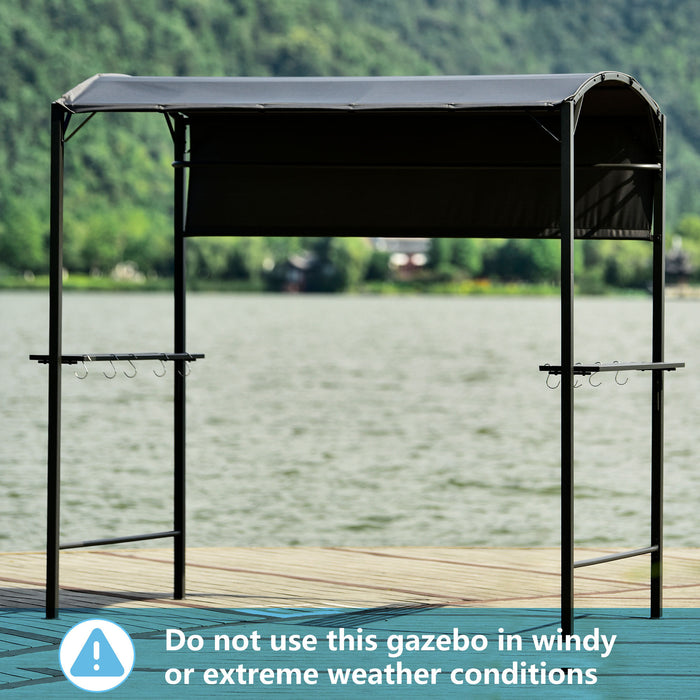 Iron Double Tiered Backyard Patio BBQ Grill Gazebo with Side Awning, Gray