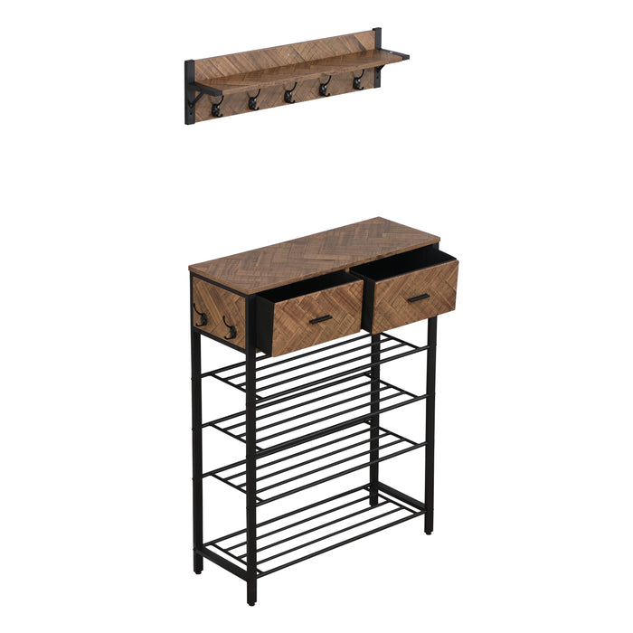 Entryway 4 Tier Shoe Rack With Hall Tree/ Brown