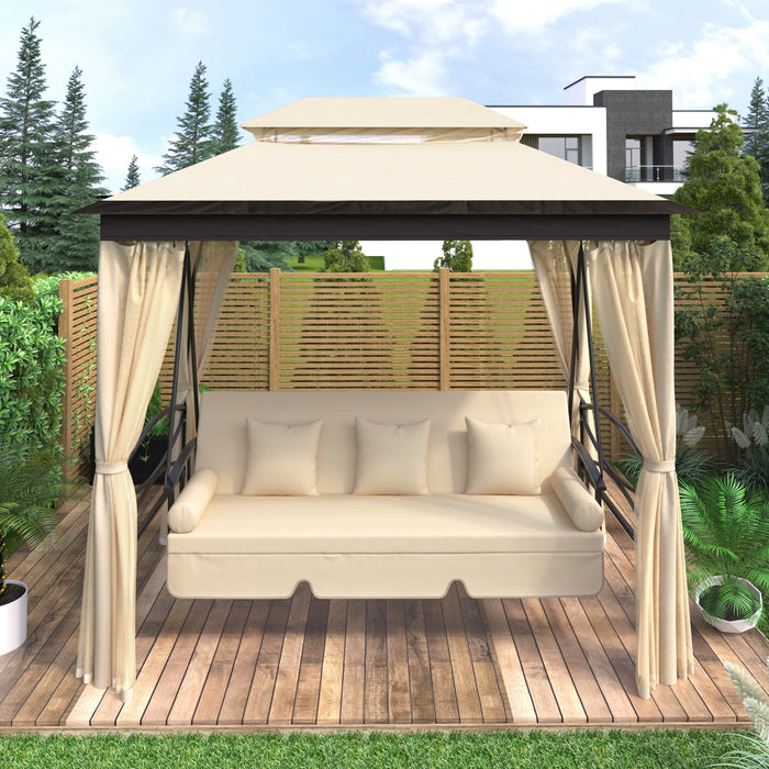 Outdoor Gazebo with Convertible Swing Bench, Beige