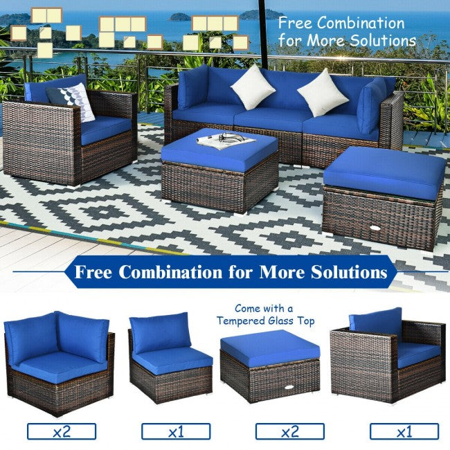 6 Pcs Patio Rattan Sectional Cushion Furniture Set
