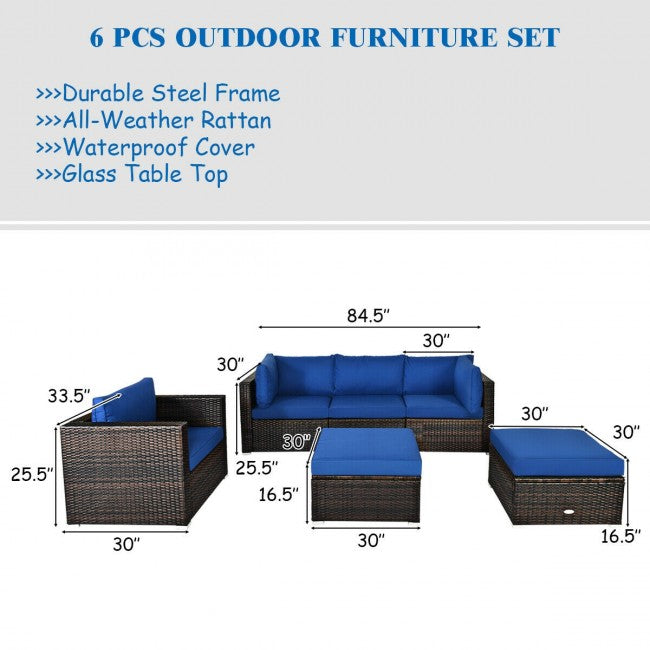 6 Pcs Patio Rattan Sectional Cushion Furniture Set