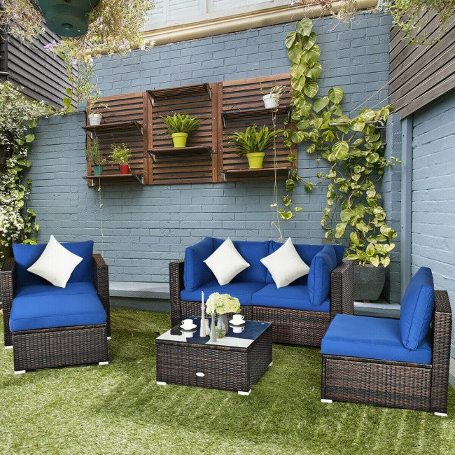 6 Pcs Patio Rattan Sectional Cushion Furniture Set