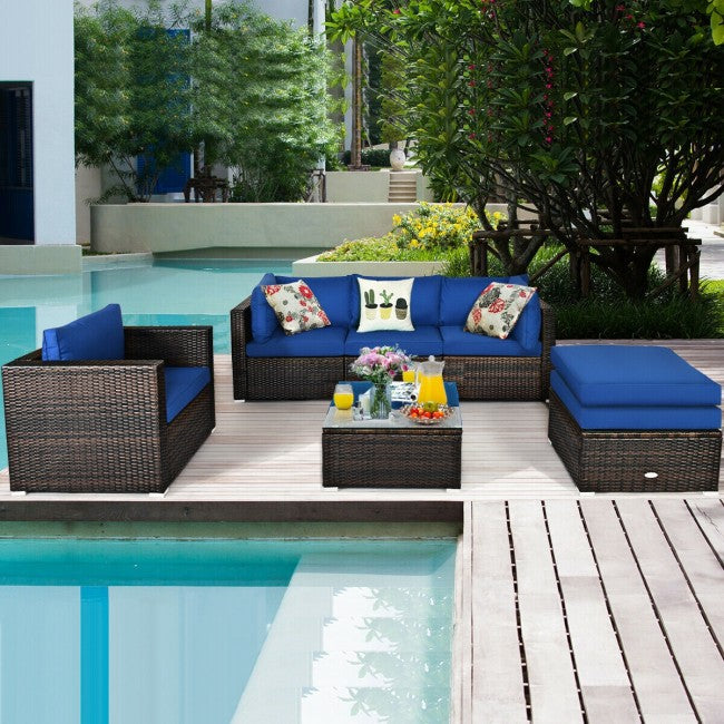 6 Pcs Patio Rattan Sectional Cushion Furniture Set