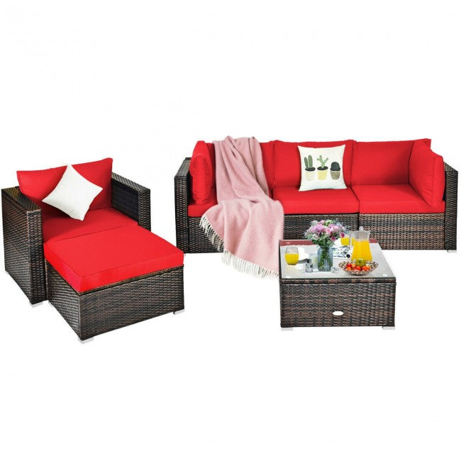6 Pcs Patio Rattan Sectional Cushion Furniture Set