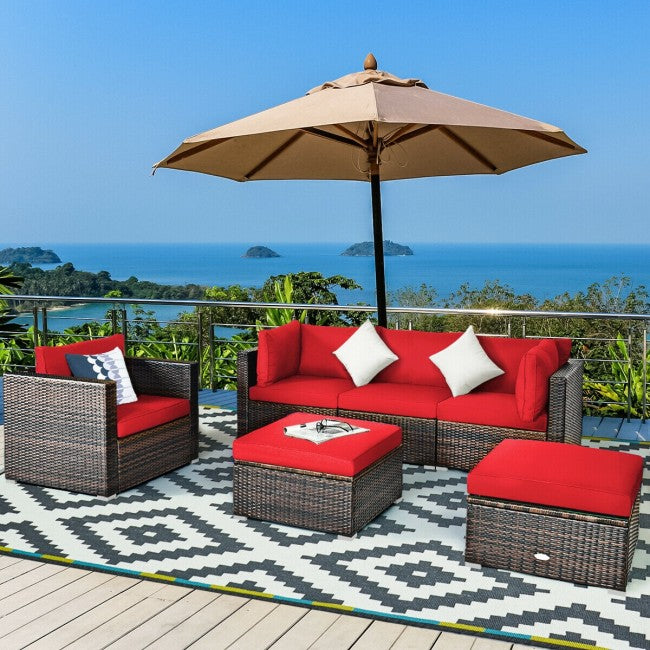 6 Pcs Patio Rattan Sectional Cushion Furniture Set
