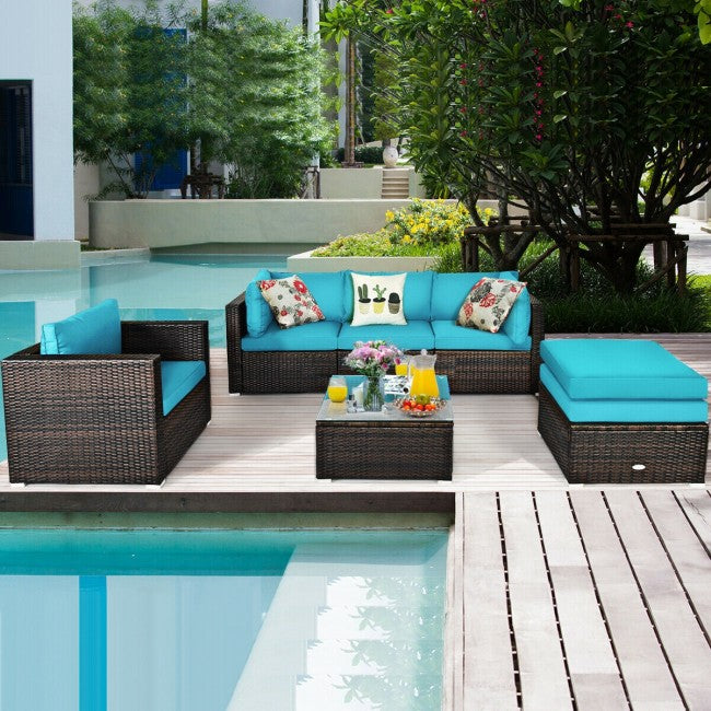 6 Pcs Patio Rattan Sectional Cushion Furniture Set