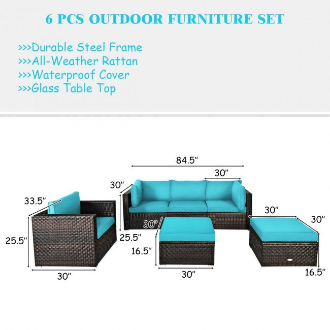 6 Pcs Patio Rattan Sectional Cushion Furniture Set
