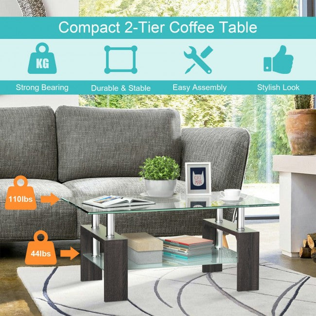 Rectangular Tempered Glass Coffee Table with Shelf/Black