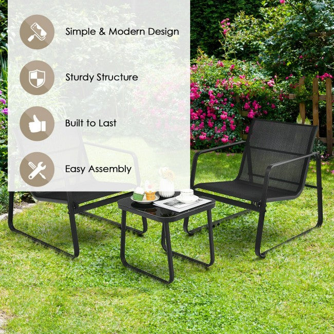 3 Pieces Patio Bistro Furniture Set with Glass Top Table/Black