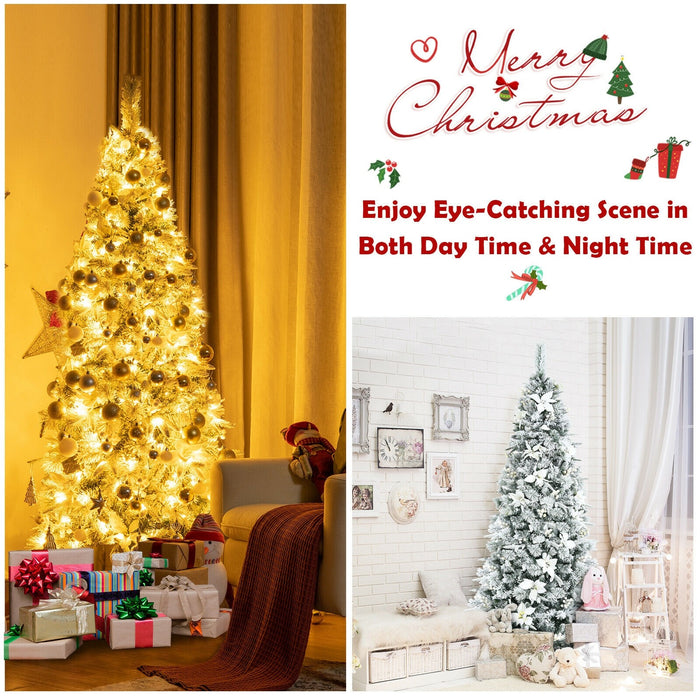 7 Feet Pre Lit Flocked Christmas Tree With Berries And Poinsetta Flowers