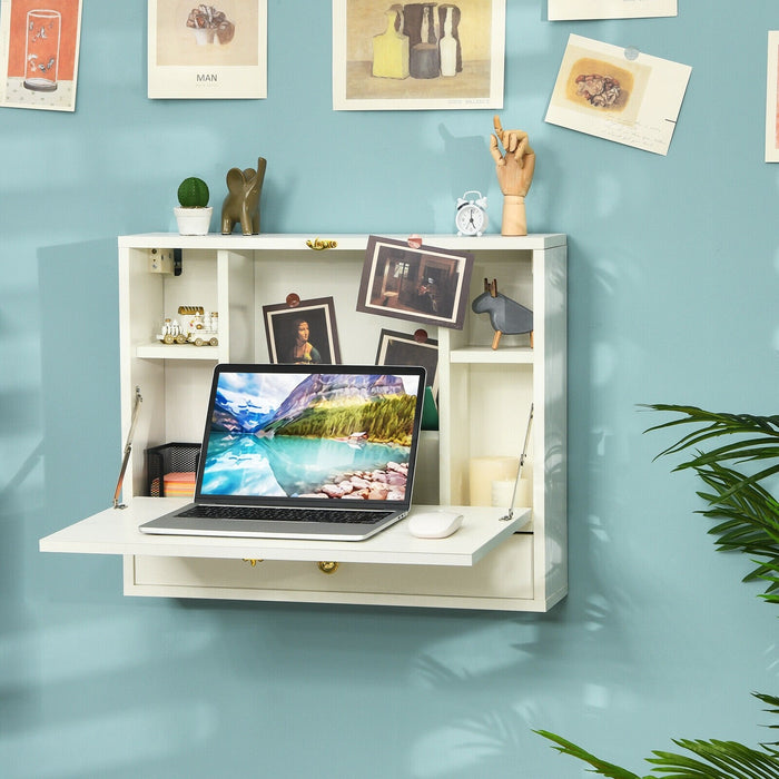 Wall Mounted Folding Laptop Desk Hideaway Storage with Drawer/White - Cool Stuff & Accessories