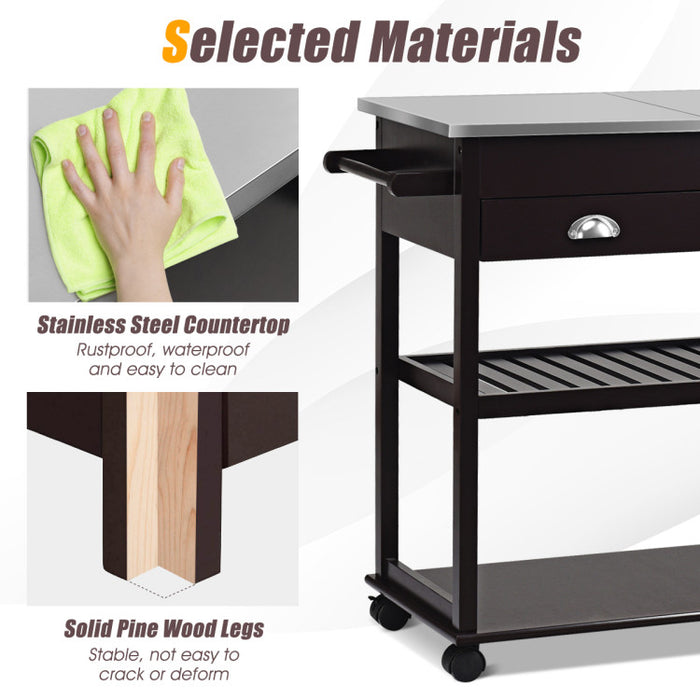 Kitchen Island Cart  wIth Stainless Steel Flip Top/Dark Brown