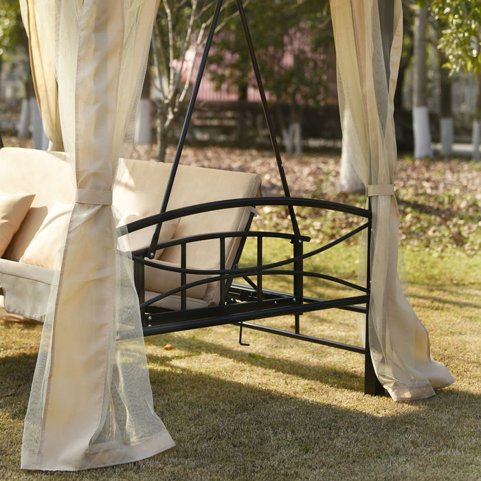 Outdoor Gazebo with Convertible Swing Bench, Beige