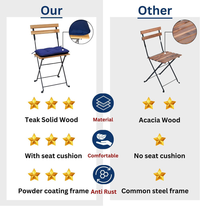 Solid Teak Wood Bistro Set Folding Table And Chair /Navy