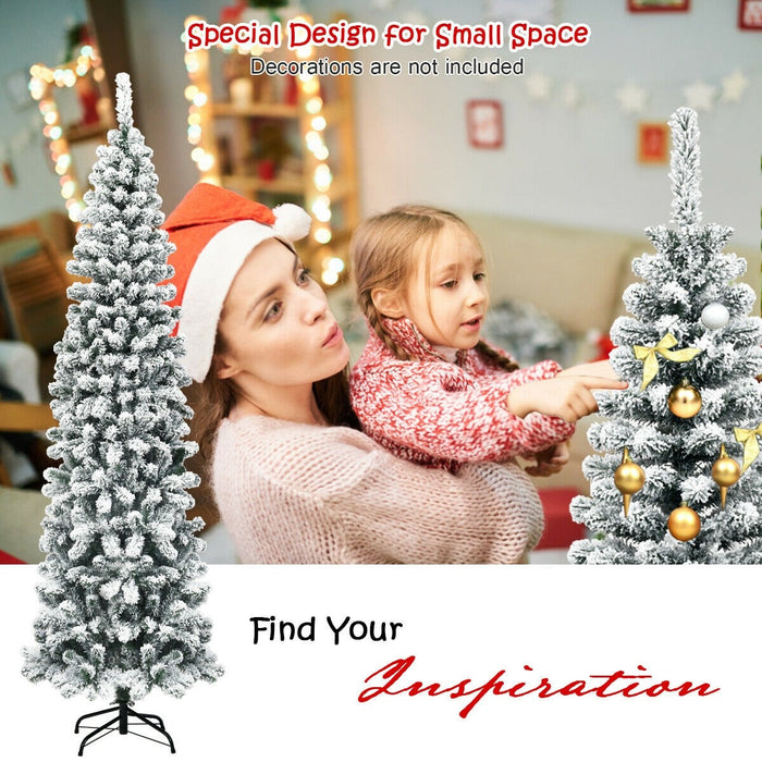 7.5 Feet Unlit Hinged Snow Flocked Artificial Pencil Christmas Tree