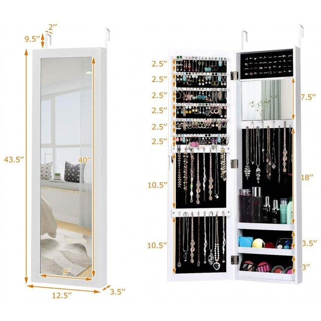 Wall Door Mounted Mirrored Jewelry Cabinet Storage/White