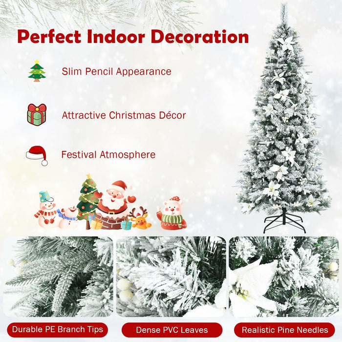 7 Feet Pre Lit Flocked Christmas Tree With Berries And Poinsetta Flowers