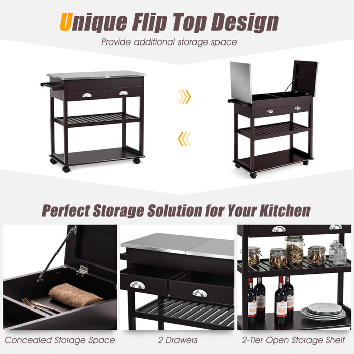 Kitchen Island Cart  wIth Stainless Steel Flip Top/Dark Brown