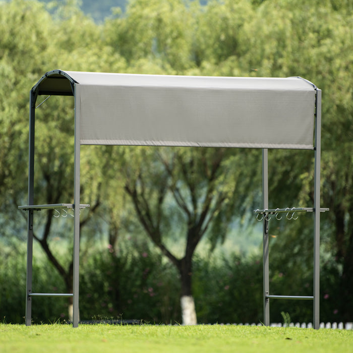 Iron Double Tiered Backyard Patio BBQ Grill Gazebo with Side Awning, Gray