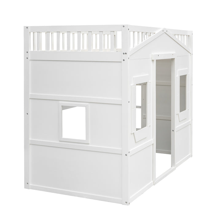 Twin Size House Loft Bed With Ladder/White