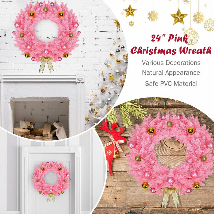 24 Inch Pink Christmas Wreath with Ornament Balls/ Pink