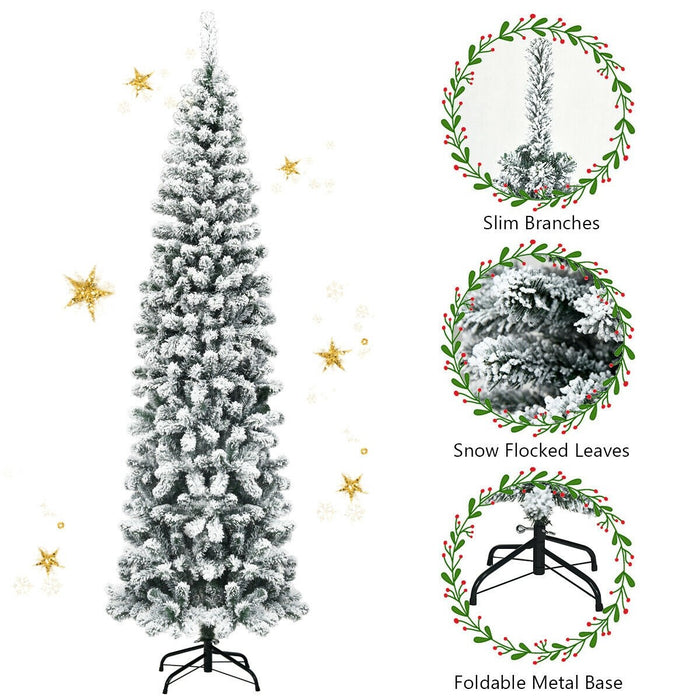 7.5 Feet Unlit Hinged Snow Flocked Artificial Pencil Christmas Tree