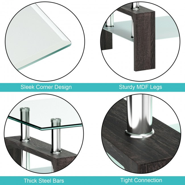 Rectangular Tempered Glass Coffee Table with Shelf/Black
