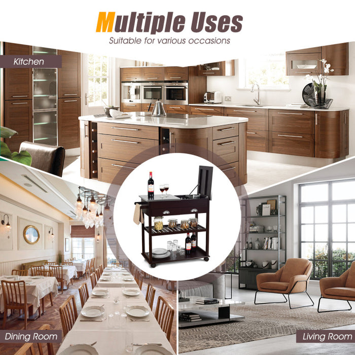 Kitchen Island Cart  wIth Stainless Steel Flip Top/Dark Brown