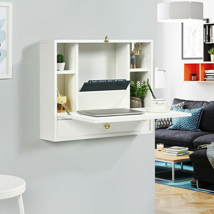 Wall Mounted Folding Laptop Desk Hideaway Storage with Drawer/White - Cool Stuff & Accessories