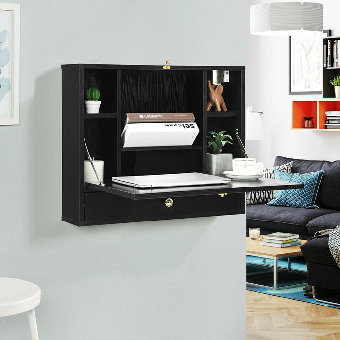 Wall Mounted Folding Laptop Desk Hideaway Storage with Drawer/Black - Cool Stuff & Accessories