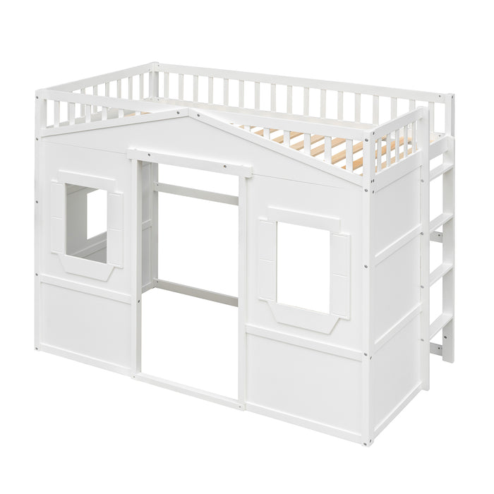 Twin Size House Loft Bed With Ladder/White