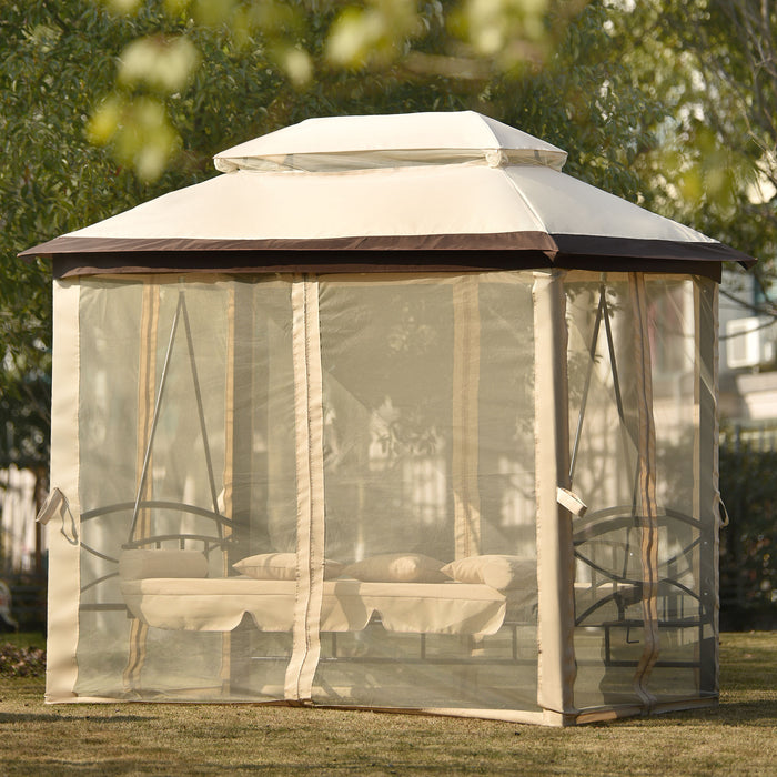 Outdoor Gazebo with Convertible Swing Bench, Beige