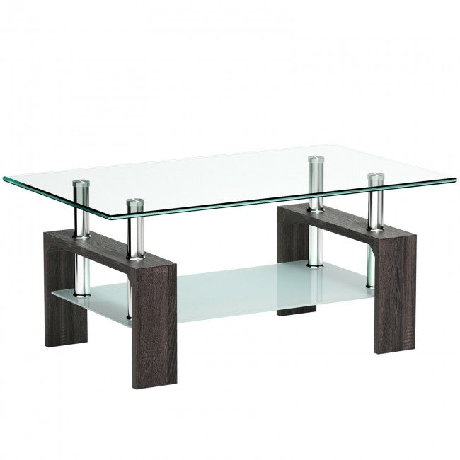 Rectangular Tempered Glass Coffee Table with Shelf/Black