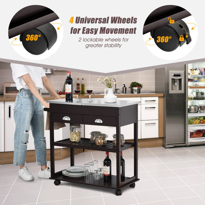 Kitchen Island Cart  wIth Stainless Steel Flip Top/Dark Brown
