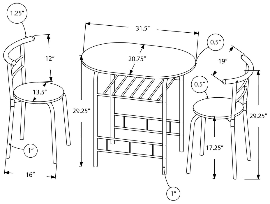 Contemporary Dining Set 3 Pcs/Black Top/Black Metal