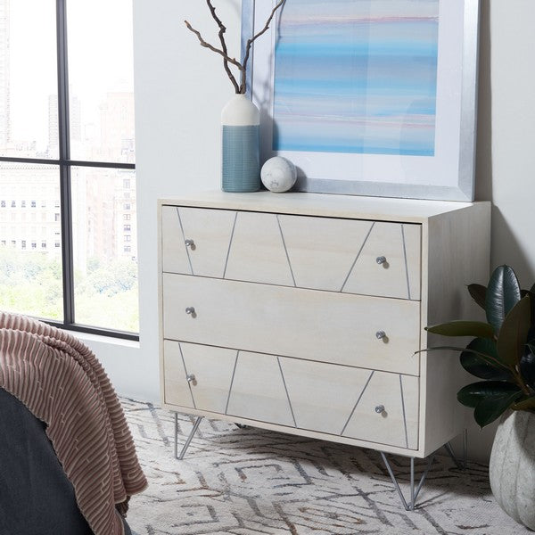 Marigold 3 Drawer Chest/White Wash/Silver