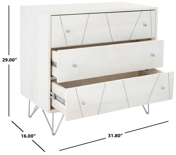 Marigold 3 Drawer Chest/White Wash/Silver
