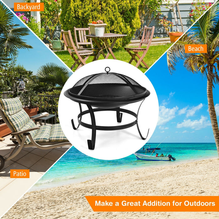22 Inch Steel Outdoor Fire Pit Bowl With Wood Grate/ Black