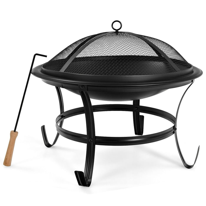 22 Inch Steel Outdoor Fire Pit Bowl With Wood Grate/ Black