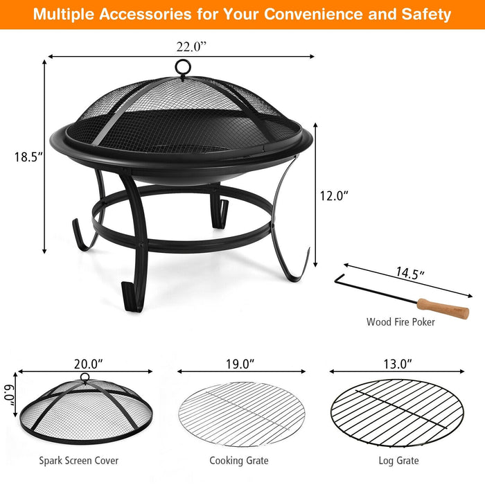 22 Inch Steel Outdoor Fire Pit Bowl With Wood Grate/ Black