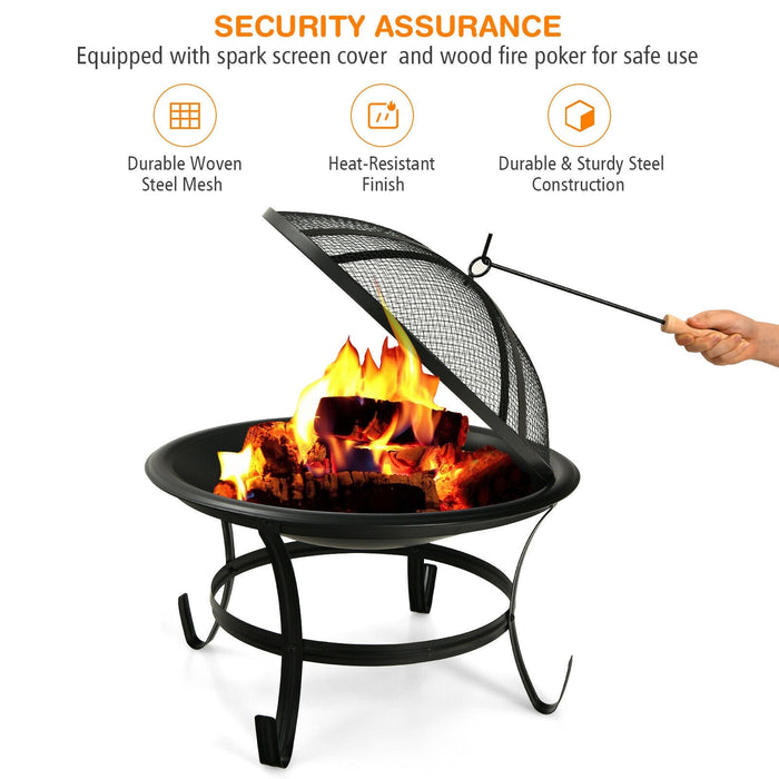 22 Inch Steel Outdoor Fire Pit Bowl With Wood Grate/ Black