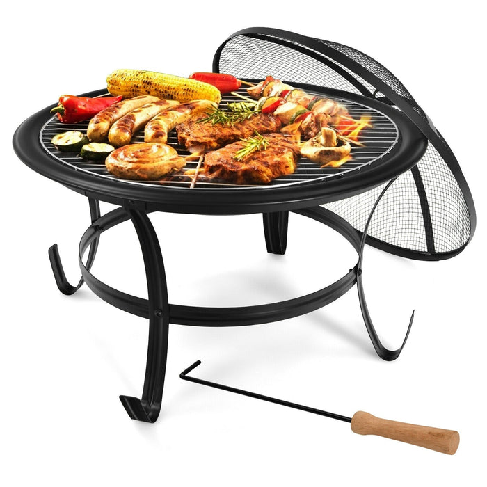 22 Inch Steel Outdoor Fire Pit Bowl With Wood Grate/ Black