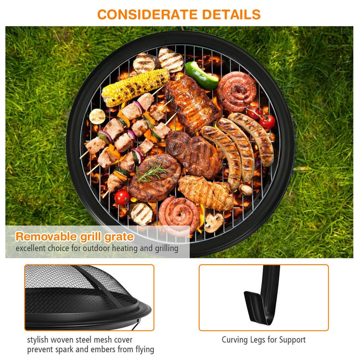 22 Inch Steel Outdoor Fire Pit Bowl With Wood Grate/ Black