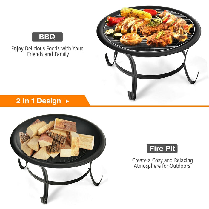 22 Inch Steel Outdoor Fire Pit Bowl With Wood Grate/ Black