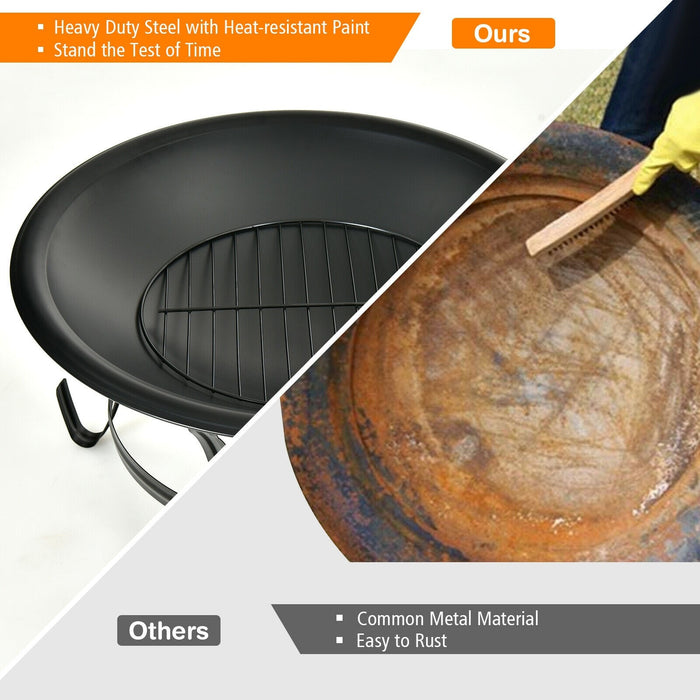 22 Inch Steel Outdoor Fire Pit Bowl With Wood Grate/ Black